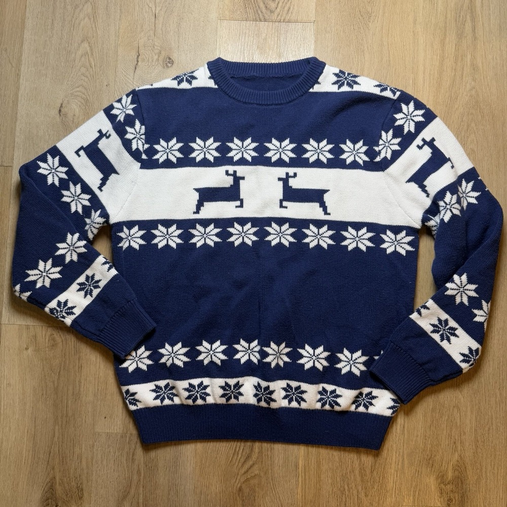 Reindeer Ugly Christmas Sweater Holiday Festival Fashion Navy Blue and White XL